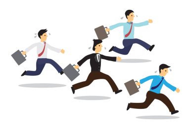 Yorgun işadamları evrak çantalarıyla koşuyor. Teamw kavramı
