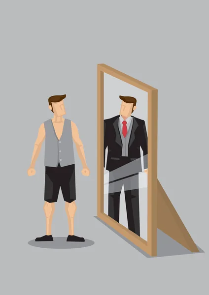 Cartoon Man melihat dirinya sebagai Rich Man dalam Mirror Reflection Vector - Stok Vektor