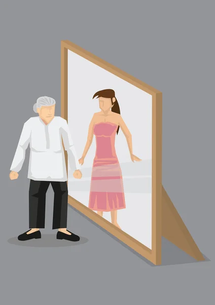 Vieille femme se voit comme une jeune femme dans Mirror Cartoon Vector I — Image vectorielle