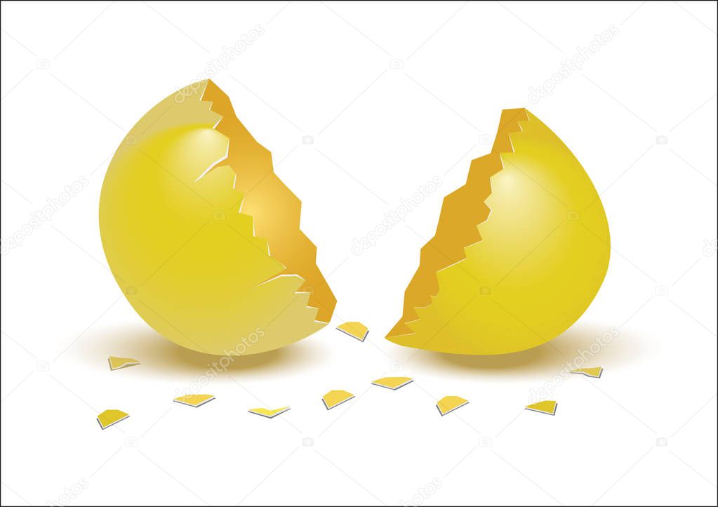 Broken Golden Egg Isolated on White Vector Illustration