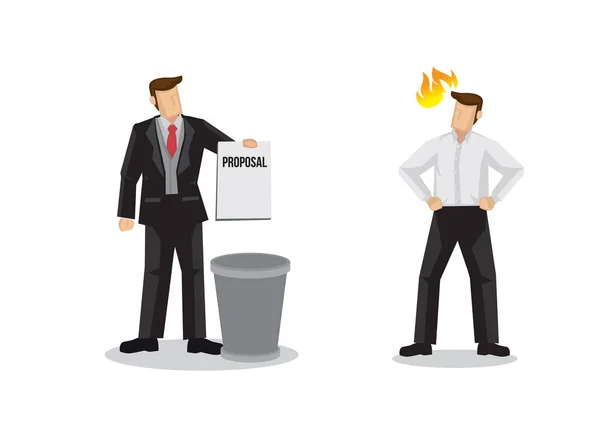 Homme d'affaires jetant une idée, une proposition ou un accord à la poubelle — Image vectorielle
