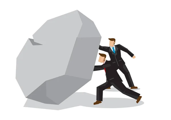 Illustration of two businessmen lifting a giant rocktogether. Me — Stock Vector