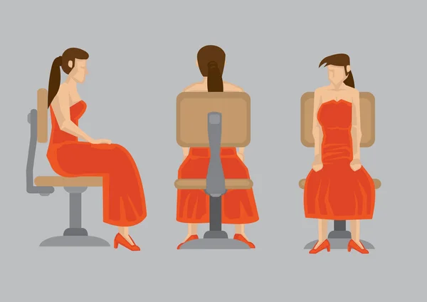 Señora en vestido rojo en silla giratoria ilustración vectorial de dibujos animados — Vector de stock