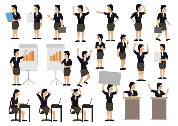 Set of businesswoman in business wear doing corporate work. Isol — Stock Vector