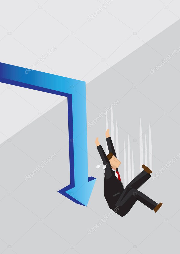 Blue arrow turns down sharply and businessman fall over the edge. Creative cartoon vector illustration on economy crisis concept.