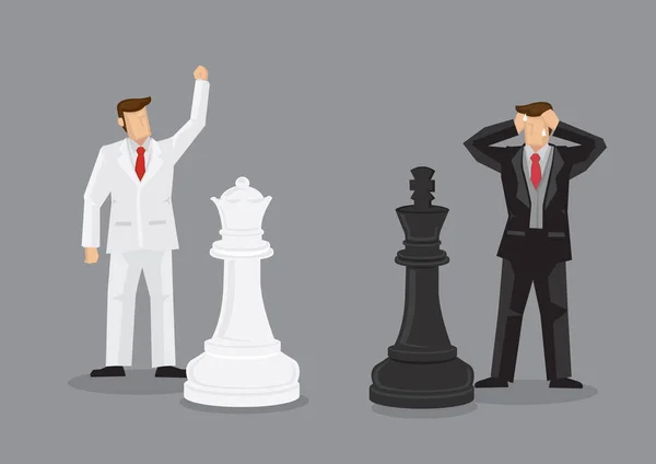 生活サイズのチェスの駒と黒と白のスーツのビジネスマン ビジネス戦略のメタファーとしてチェスのチェックメイトのベクトル漫画のイラスト — ストックベクタ