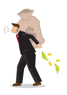 Cüzdanı kırık, bir çuval parası olan bir iş adamı. Kötü yatırım ya da şirket kaybı kavramı. Vektör illüstrasyonu.