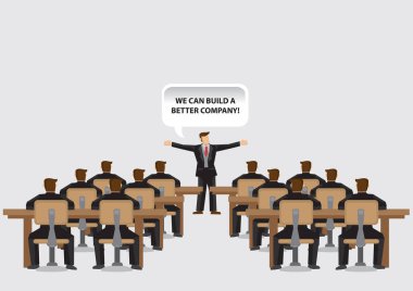 Cartoon business trainer talking in front of employee audience to build a better company. Vector illustration on company training program concept isolated on plain background. clipart
