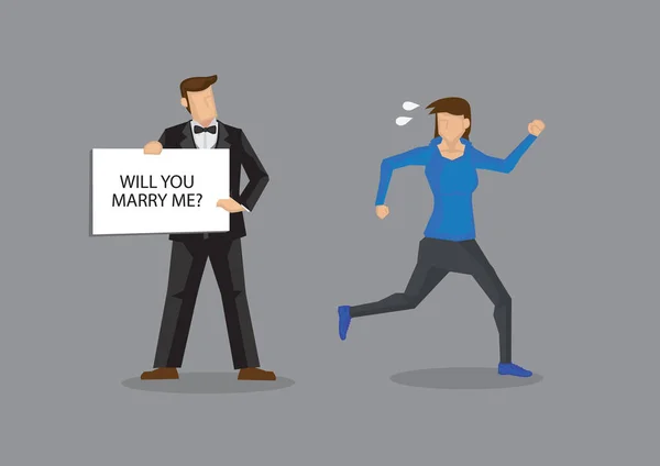 Γυναίκα Τρέχει Μακριά Από Τον Άνθρωπο Κρατώντας Πλακάτ Κείμενο Παντρευτείς — Διανυσματικό Αρχείο
