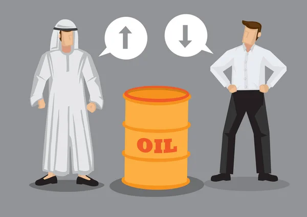 漫画アラブ人の男性とビジネスマンのスピーチ風船油の樽の横に立っている 灰色の背景に隔離された油価格の概念のベクトル図 ストックベクター