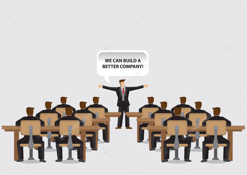 Cartoon business trainer talking in front of employee audience to build a better company. Vector illustration on company training program concept isolated on plain background.