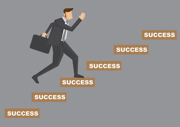 成功の階段を上るブリーフケースを運ぶ漫画のビジネスマンの側のビュー 灰色の背景に隔離された成功の概念の創造的なベクトル図 — ストックベクタ