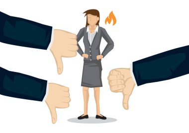 İş kadını, diğer meslektaşlarının onaylamamasına kızmış. Cinsiyet ayrımcılığı kavramı. Vektör izole illüstrasyonu.