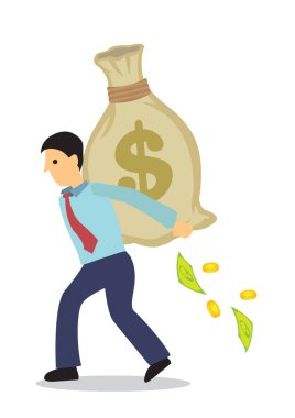 Cüzdanı kırık, bir çuval parası olan bir iş adamı. Kötü yatırım ya da şirket kaybı kavramı. Vektör illüstrasyonu.