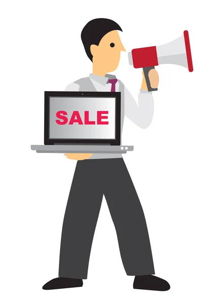 Sale Businessman Loudspeaker Selling His Computer Laptop Concept Sale Retail — Stock Vector