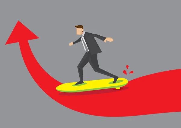 卡通企业高管乘坐冲浪板到达了一个红色大胆箭头的转折点 关于转折点和攀登商业新高峰概念的创造性矢量说明 — 图库矢量图片
