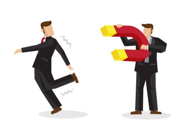 İşadamı, şirketine yetenek çekmek için dev bir mıknatıs kullanıyor. İşe alma ya da yetenek alma kavramı. İzole vektör illüstrasyonu.