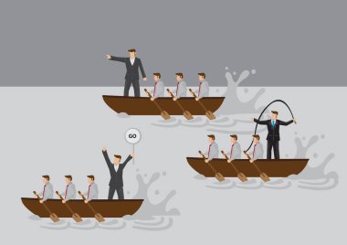 Teknede kürek çeken iş adamları takımı motive etmek için farklı liderlik stilleri kullanıyor. Liderlerin ve liderlik tarzlarının iş metaforu için çizgi film vektör çizimi.
