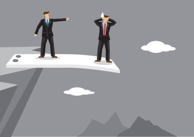 Stresli çalışan, Mountain Cliff 'te sıçrama tahtasının kenarında duruyor ve işveren ondan daha ileriye gitmesini istiyor. İş yerindeki patrondan makul olmayan talepler için yaratıcı vektör illüstrasyonu.