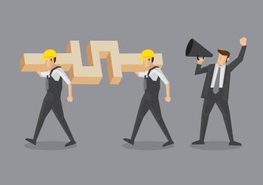 İşadamı, omuzlarında kocaman bir dolar sembolü taşıyan inşaat işçilerine emir vermek için megafon kullanıyor. Gri arkaplanda izole edilmiş kavramsal vektör çizimi.