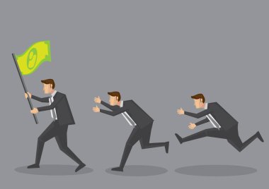 Takipçiler para bayrağı taşıyan bir karikatür işadamının peşinden koşuyorlar. Gri arka planda izole edilmiş finansal ve zenginlik kavramı için yaratıcı vektör çizimi.