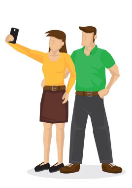 Romantik bir ruh hali içinde selfie çeken mutlu bir çift. Çıkma ya da ilişki konsepti. Vektör illüstrasyonu.