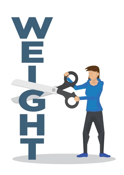 Girl Using Giant Scissor Cut Weight Block Concept Weight Loss — Stock Vector