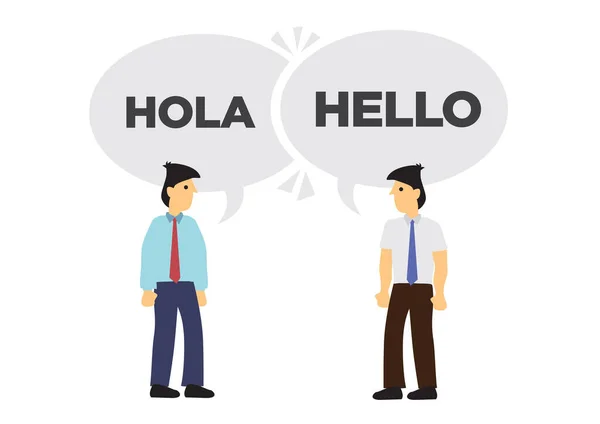 2人のビジネスマンが異なる言語でコミュニケーションする 国際的なビジネスや企業とのコラボレーションの概念 英語とスペイン語 フラットベクトル絶縁イラスト — ストックベクタ