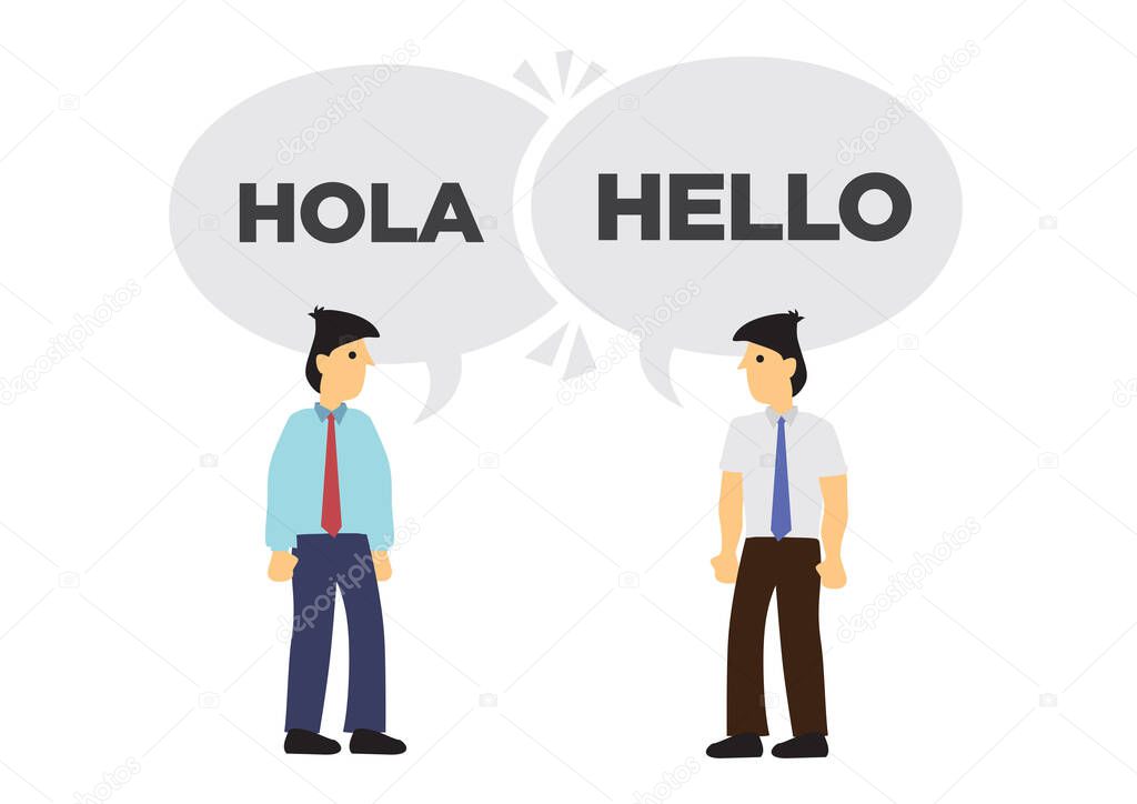 Two businessmen communicate in different languages. Concept of international business or corporate collaboration. English and Spanish. Flat vector isolated illustration.