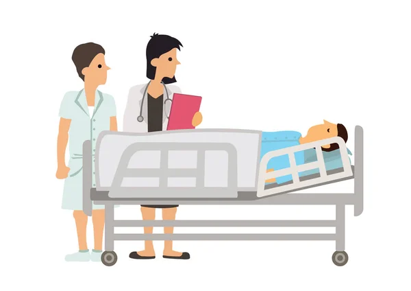 Sick Man Lying Bed While Female Doctor Nurse Checking Him — Stock Vector