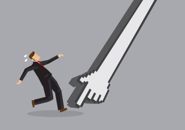 Siyah takım elbiseli iş adamlarının dijital eliyle saldırdığı yaratıcı çizgi film çizimi. Dijital olarak gerçekleşen bir kriz konseptini tasvir et. Dijital piyasanın çöküşünü, siber saldırıları, çevrimiçi virüsü, güvenlik açığını veya çevrimiçi hack tehdidini gösteriyor.