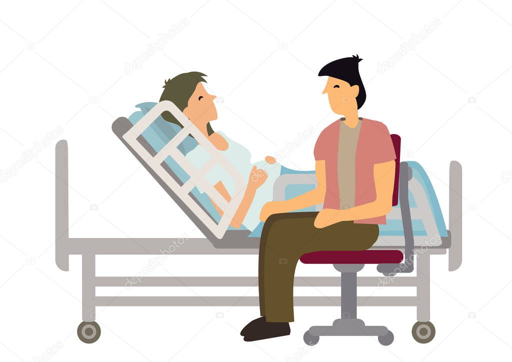 Happy man at the bedside of his pregnant wife waiting for childbirth. Flat cartoon charater vector illustration isolated on a white background.