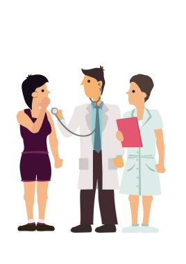 Tıp doktoru bir hemşireyle kalp atışlarını kontrol ediyor. Tıbbi danışmanlık konsepti. Vektör illüstrasyonu.