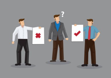 Farklı insanların çelişkili tavsiyeleriyle karikatür adam karışıklığı. Gri arkaplanda izole edilmiş farklı görüşler üzerine vektör illüstrasyonu.