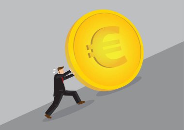 İşadamı altın sikkeyi yokuş yukarı itiyor. Gri arkaplanda izole edilmiş finansal zorluk konsepti üzerine çizgi film vektör çizimi.