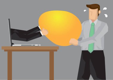 Dizüstü bilgisayardan alınan eller profesyonel iş adamlarından altın yumurtayı alıyor. Dijital çağda rekabete altın fırsatı kaybetmenin metaforu üzerine yaratıcı çizgi film vektör çizimi.