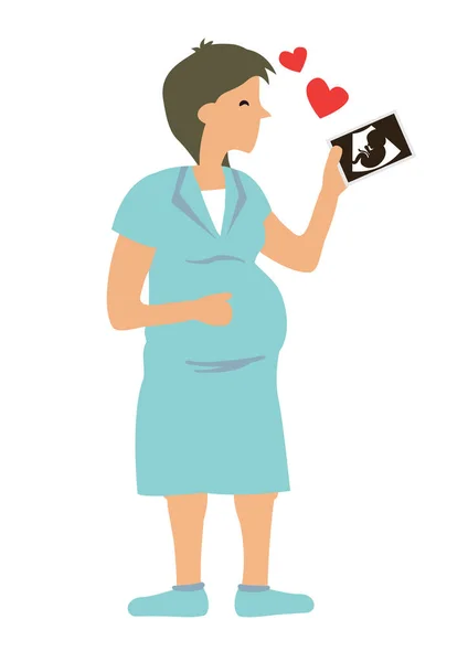 Happy Pregnant Woman Looking Her Baby Ultrasound Photo Scan Expectant — Stock Vector