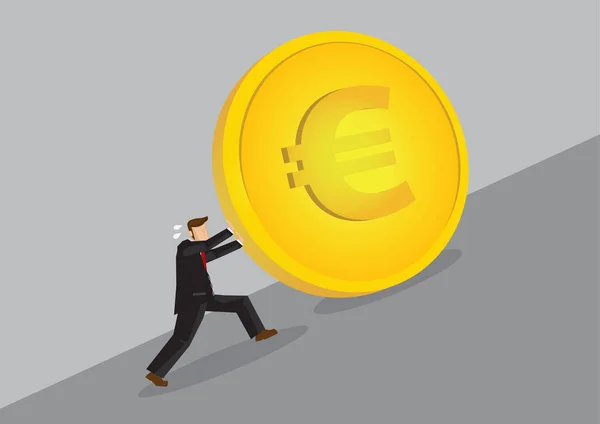 Businessman Pushing Golden Euro Coin Uphill Cartoon Vector Illustration Financial — Stock Vector