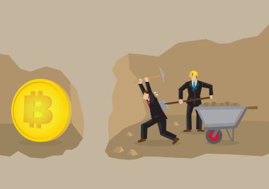 Bitcoin üzerinde çalışan iş adamları. Sanal kripto para birimi madencilik kavramı.