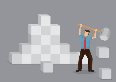 Çizgi filmci engeli kırmak için dev bir çekiç kullanıyor. Engelleri aşmak için yaratıcı vektör çizimi metaforu.