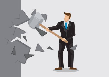 İş adamının duvarı yıktığı vektör illüstrasyonu. Şirketi için özgürlük ve başarı elde etmek için engelleri aşma fikri.