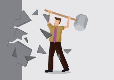 Duvarı yıkan adamın vektör illüstrasyonu. Güçlü zihniyetiyle başarı elde etmek için engeli aşma kavramı.