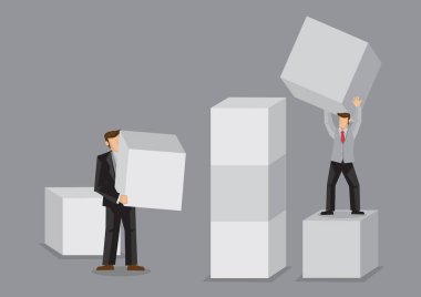 İki karikatür işçisi büyük bir yapı taşı tutuyor. Gri arka planda izole edilmiş çizim konseptinden iş kurmak için yaratıcı vektör çizimi.