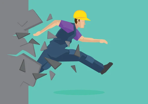 Creative Cartoon Vector Illustration Construction Worker Breaking Wall Metaphor Concept — Stock Vector