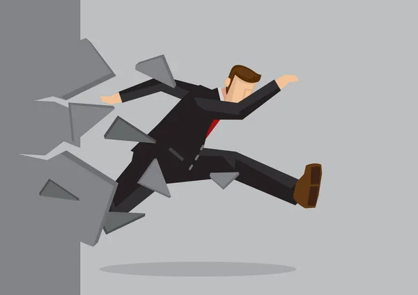 Creative Cartoon Vector Illustration Businessman Breaking Wall Metaphor Concept Breaking — Stock Vector