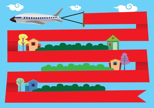 带着红丝带旗帜的飞行飞机的矢量图解 它环绕着一排排的房屋和住宅 在红色横幅上复制广告空间 — 图库矢量图片