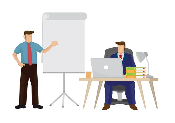 Illustration of corporate business man pitching presentation. Business concept of group of people working together.