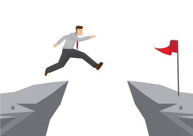 Fearless brave businessman jumping over a cliff to reach his target. Concept of overcoming challenges to achieve his goal. Vector cartoon illustration.  clipart