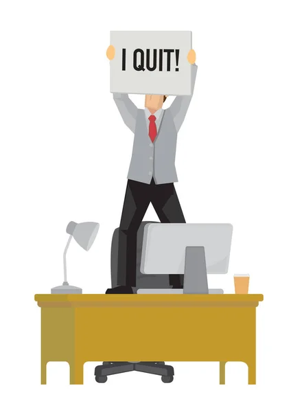 Business Executive Quiting Signboard Top His Work Desk Concept Resignation — Stock Vector