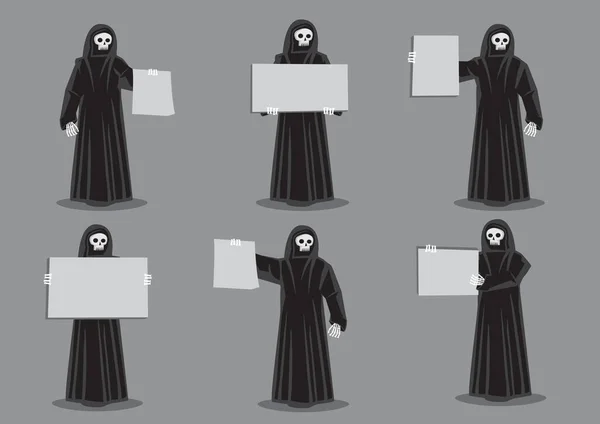 一套六幅漫画骨架的矢量插图 身穿黑色长袍 手持空白标语牌 在灰色背景下隔离复制空间 以避免概念之间的恐惧和隔阂 — 图库矢量图片
